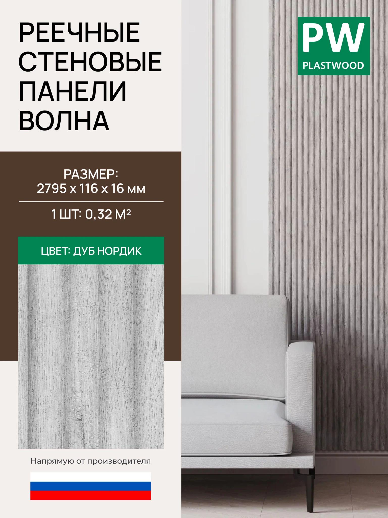 Стеновая реечная панель Волна, Дуб нордик, 2795х116х16 мм, 10 шт., PLASTWOOD